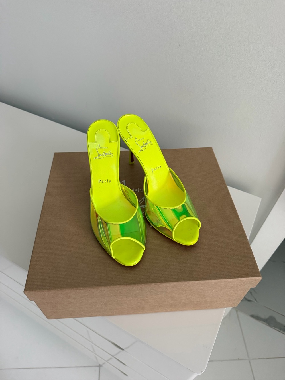 Christian Louboutin Neon Yellow-Green Iridescent Peep-Toe Mules